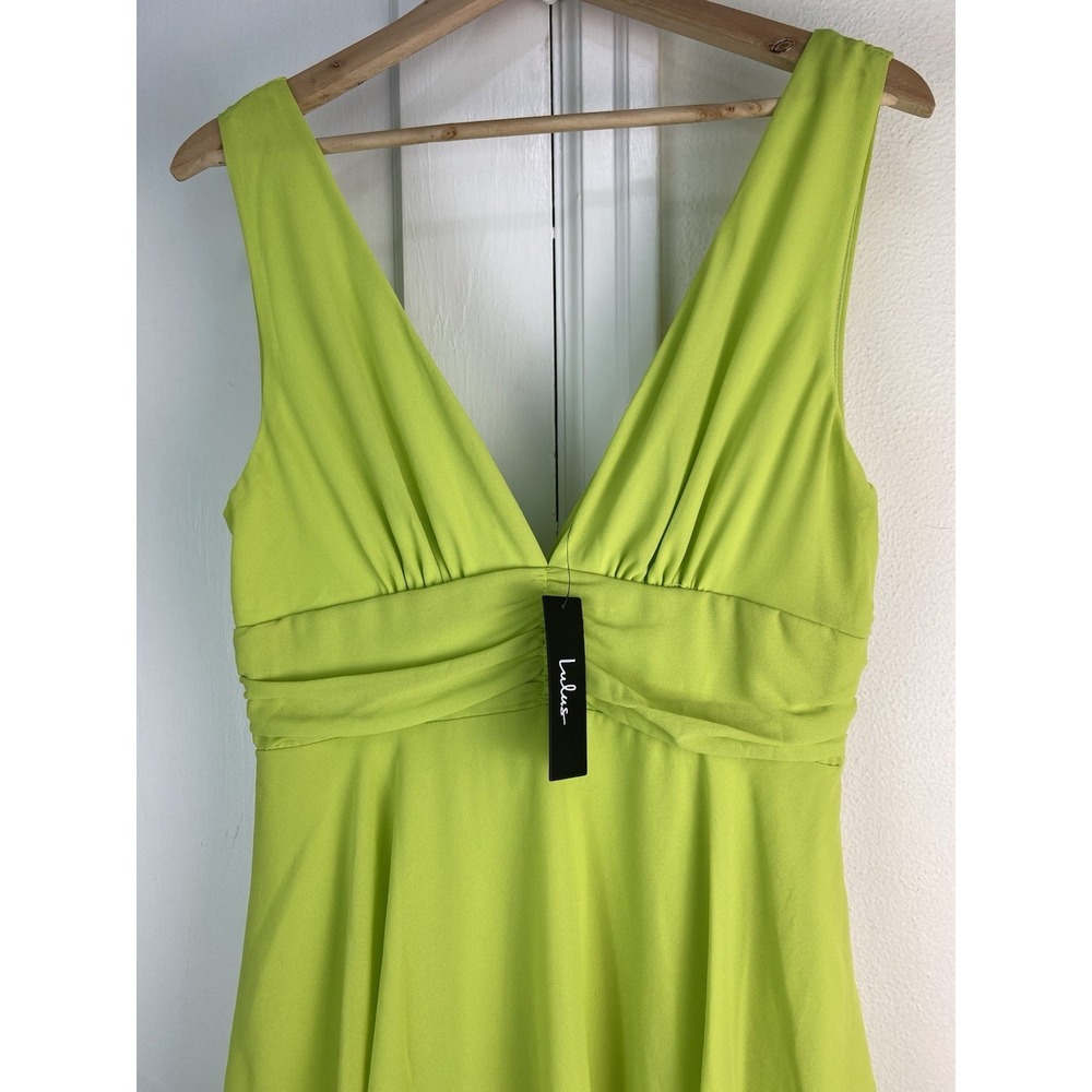 NWT Lulus L Lime Green Sleeveless Chiffon Tiered Ruffle Midi Dress - Picture 3 of 7